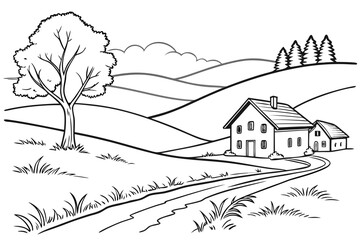 Landscape with village houses on hill continuous one line drawing line art vector illustration rural landscape with house