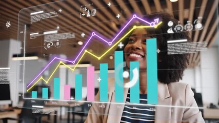 Smiling Black Businesswoman Engaged with Futuristic Digital Data Graphs & Analytics for Growth in a Modern Office Environment - Powered by Adobe