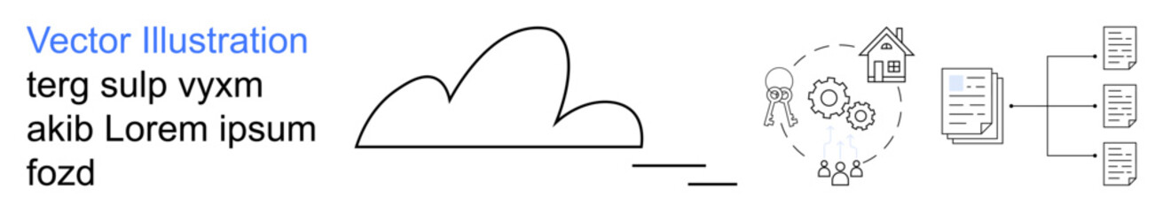 Data storage, cloud computing, network systems, digital security, file sharing, process management. A cloud connects to icons of gears, home and documents. Data storage and cloud computing concept