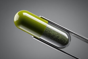 Macro shot of a single green pill held by metal tweezers, gray background