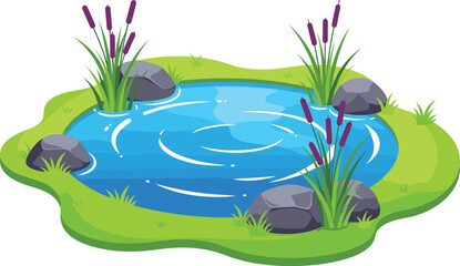 Cartoon pond vector illustration with water, rocks, grass and cattails, nature landscape element for outdoor scenery design © Kharshad Creative