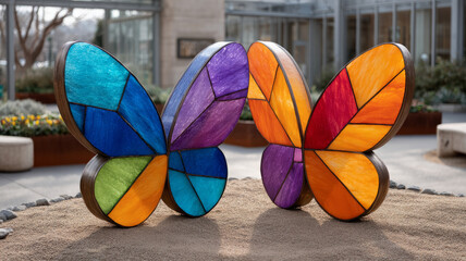 Stained glass butterfly sculptures in an outdoor setting.
