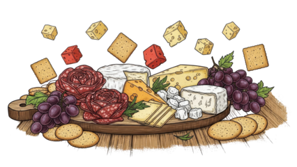 Artistic-Illustration-of-Cheese-Salami-Grapes-Crackers-and-Dice-Floating-Above-Wood.png
