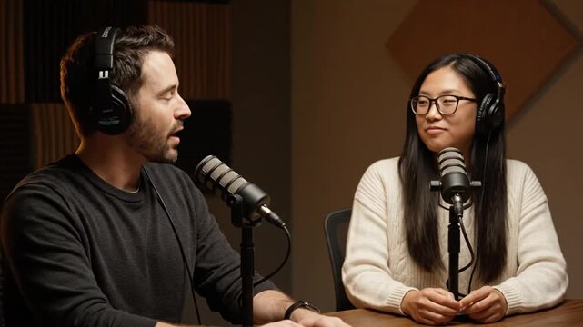 cinematic content creator podcast setup with two people in headphones talking calmly into studio microphones warm lighting subtle hand movements and shallow depth of field
