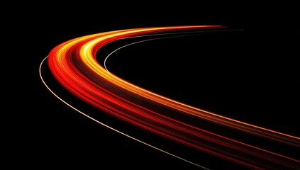 Illuminated curving trails of light, vibrant red and orange, against a black background