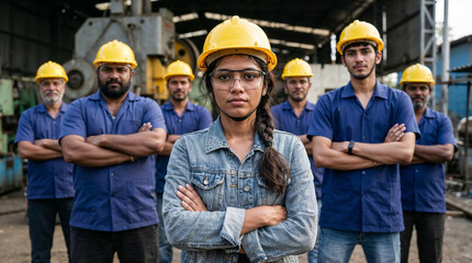 Confident female factory supervisor leading a team of industrial workers