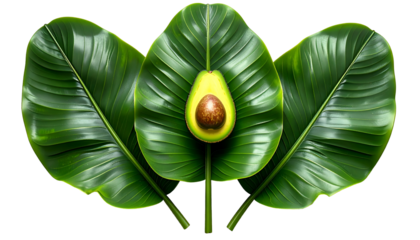 Vibrant avocado half on large green leaves, set against a dark background