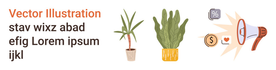 Marketing, advertising, finance, communication, nature, eco concepts. Two potted plants and a megaphone with icons of a dollar, heart and percentage. Marketing and finance concept