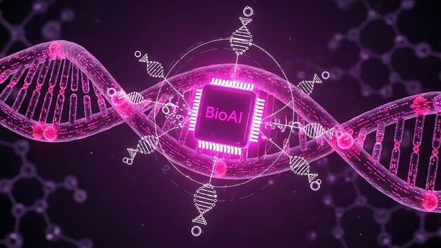 BioAI concept with DNA double helix and microchip integration - Powered by Adobe