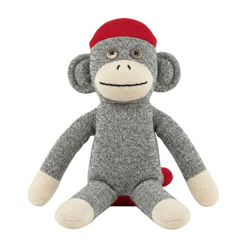 Handmade grey knit sock monkey toy with red hat