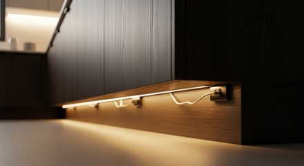 Backside shot of cabinet bottoms with adhered LED strips plugged into hidden power outlet creating discreet undercabinet illumination.