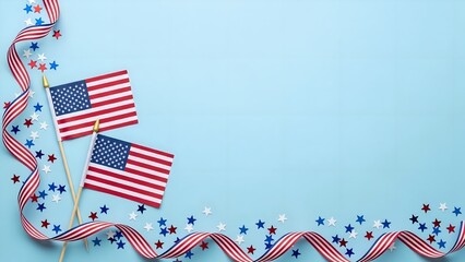 Obraz premium Patriotic American flags and ribbon border on light blue background with copy space