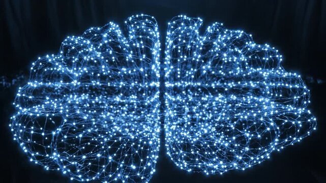 Glowing neural network visualization of brain shaped light nodes and connecting wires forming symmetrical digital cortex cool blue illumination evokes futuristic technology and connectivity glowing