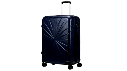 Stylish dark blue hardshell suitcase with textured design on black background