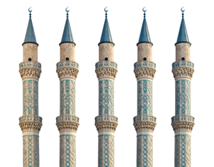 Five identical towering minarets with intricate carvings and blue spires