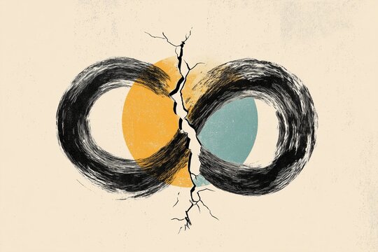 Black ink infinity symbol cracking open with a subtle blue accent. Concept of breaking an endless cycle and change.