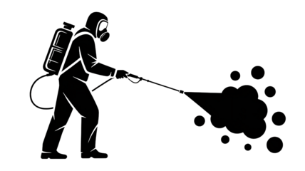 Pest control worker in protective suit spraying pesticide in monochrome illustration with bold black shapes for public health campaign