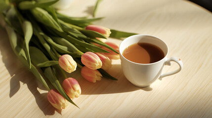 A delicate white coffee cup adorned with intricate handle details and a subtle sheen, filled with a warm brown liquid, sits elegantly beside a bouquet of fresh tulips in various shades of pink 