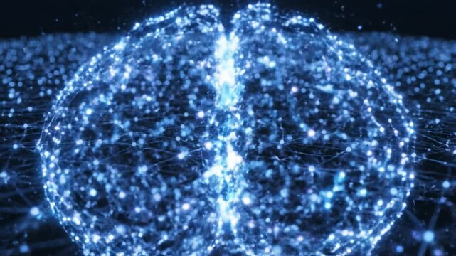 Glowing neural network brain digital connection blue light data visualization glowing network node grid blue light abstract technology digital connection data fiber futuristic surface low perspective