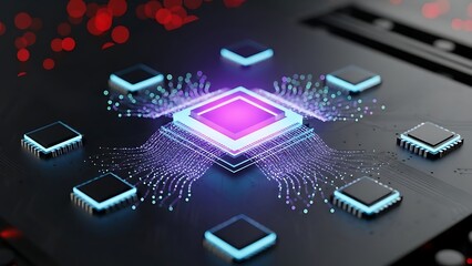 Glowing microchip with vibrant purple light on circuit board