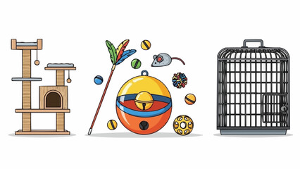 Collection of pet cat toys and accessories for feline entertainment.