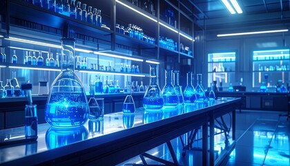Modern scientific laboratory with glowing blue liquids in beakers and flasks, representing cutting-edge chemical research and technological innovation