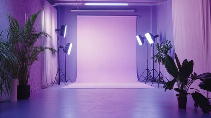 A vacant purple studio room serves as a backdrop for showcasing various products