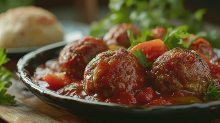 Stuffed green pepper with meat balls in tomato sauce, sourdough dumpling in the background