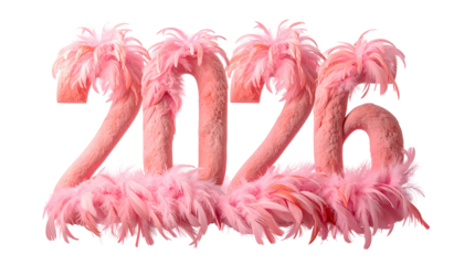 Festive 2020 numerals crafted from stylized, fluffy pink flamingo shapes