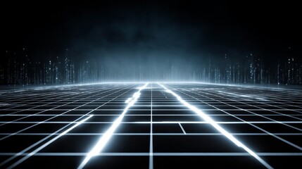 Futuristic Digital Landscape with Grid and Light Effects in Black Background for Technology and Science Concepts, Abstract Design and Visuals