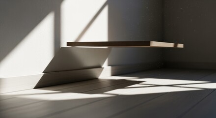 Artistic angle showing the shadow play beneath an invisible bracket floating shelf in a sunlit room corner.