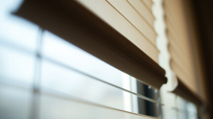 Tight close-up shot, intricate origami style, fabric blinds for windows, folded paper look, geometric precision, detailed focus.