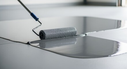 Closeup of the roller handle moving evenly back and forth on a garage floor spreading a thick industrialgrade epoxy that seals and protects concrete.
