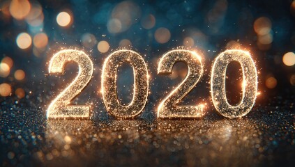 Sparkling golden numerals, "2020," gleam against a blurred backdrop of bokeh lights and dark surface