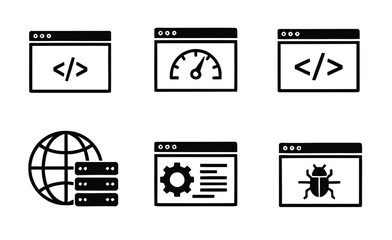 Fototapeta premium Tech Web Interfaces: Code Windows, Speed Metrics, Global Servers, Settings Gear, and Bug Monitoring Icons
