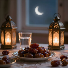 Cozy Ramadan Evening With Dates, Glass Of Water, And Lit Lanterns By Crescent Moon Window
