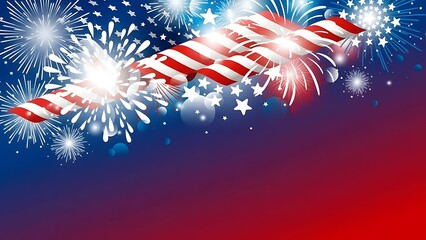 A vibrant illustration depicts a festive american candy cane with sparkling fireworks against a dark blue backdrop