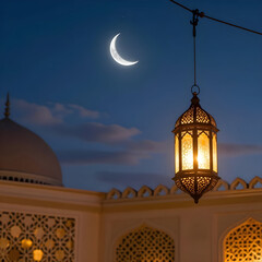 Crescent Moon Over Ornate Lanterns At Dusk By Islamic Mosque Architecture