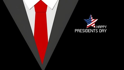 A festive illustration depicts a suit and tie with patriotic elements celebrating presidents day in america