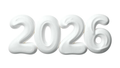 White, creamy "2026" digits on black background, 3D effect