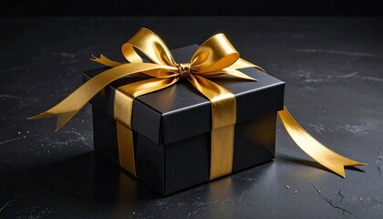 Elegant Black Gift Box with Golden Ribbon on Dark Surface.