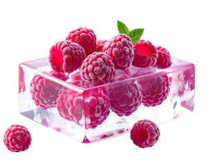 Group of raspberries on pink ice, some loose. Green leaf. Black bkgd
