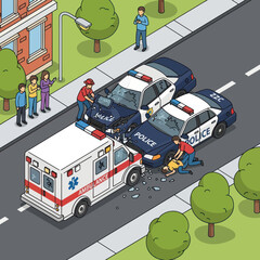 Ambulance and Police Cars at Accident Scene. © Kuda