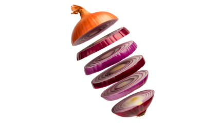 Sliced red onion in spiral motion with orange juicer on white background for culinary advertisement