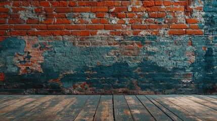 stock photo features a rustic background with a red brick wall texture and a wooden floor