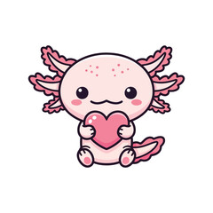 Adorable axolotl holding a heart in its hands in a cute illustration