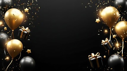 A luxurious black and gold celebration scene featuring balloons gifts and sparkling confetti on a dark background