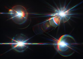 Four bright optical flares with rainbow-colored highlights on a deep black background