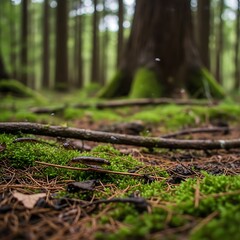 Obraz premium Mossy forest floor with trees.
