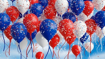 A vibrant and festive collection of red white and blue balloons creates a celebratory and patriotic atmosphere